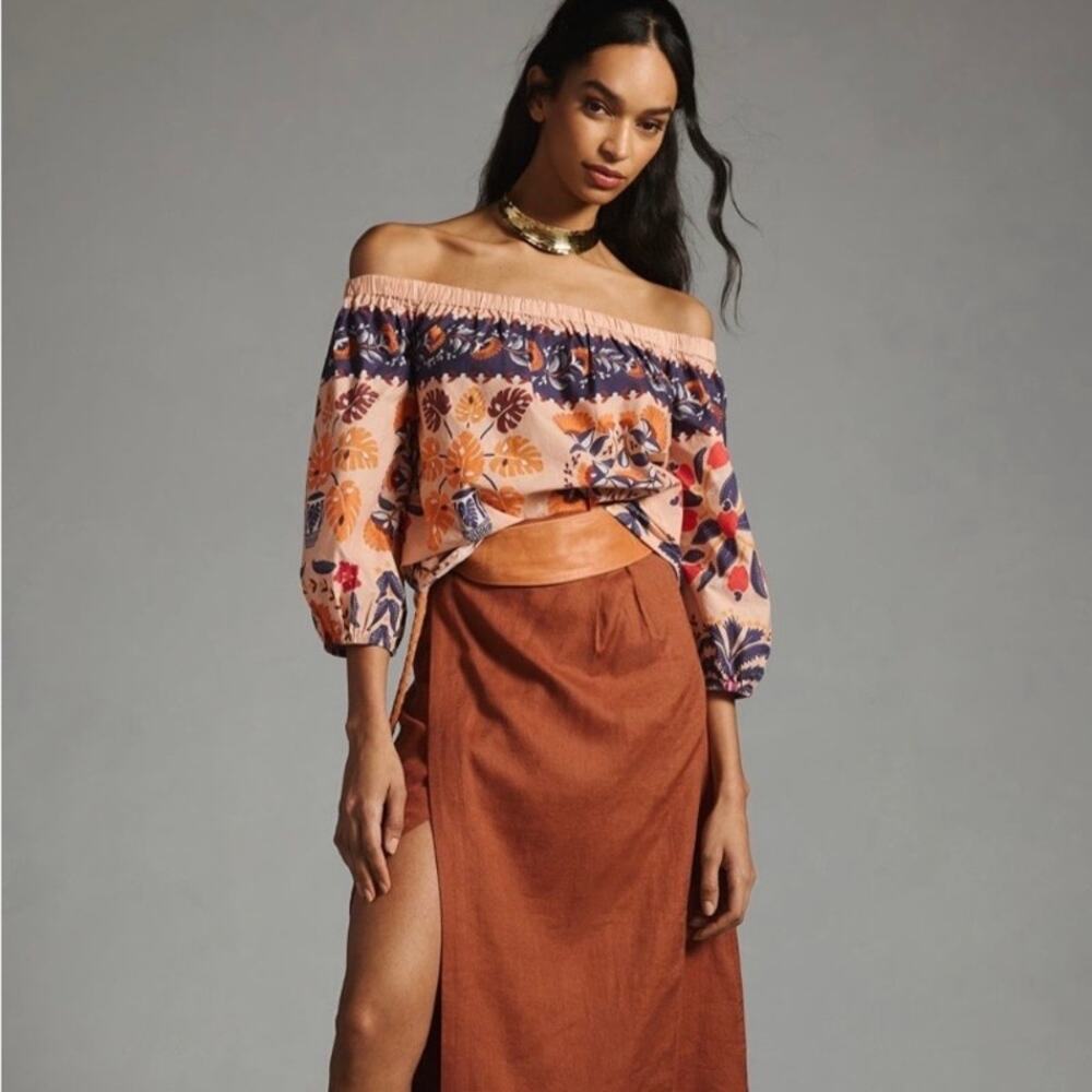 Farm Rio x Anthropologie Sz XL Off-The-Shoulder Printed Poplin Top Boho Summer